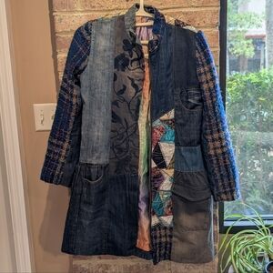 Desigual Patchwork Denim & Plaid Women’s Coat Jacket - Blue Multicolor